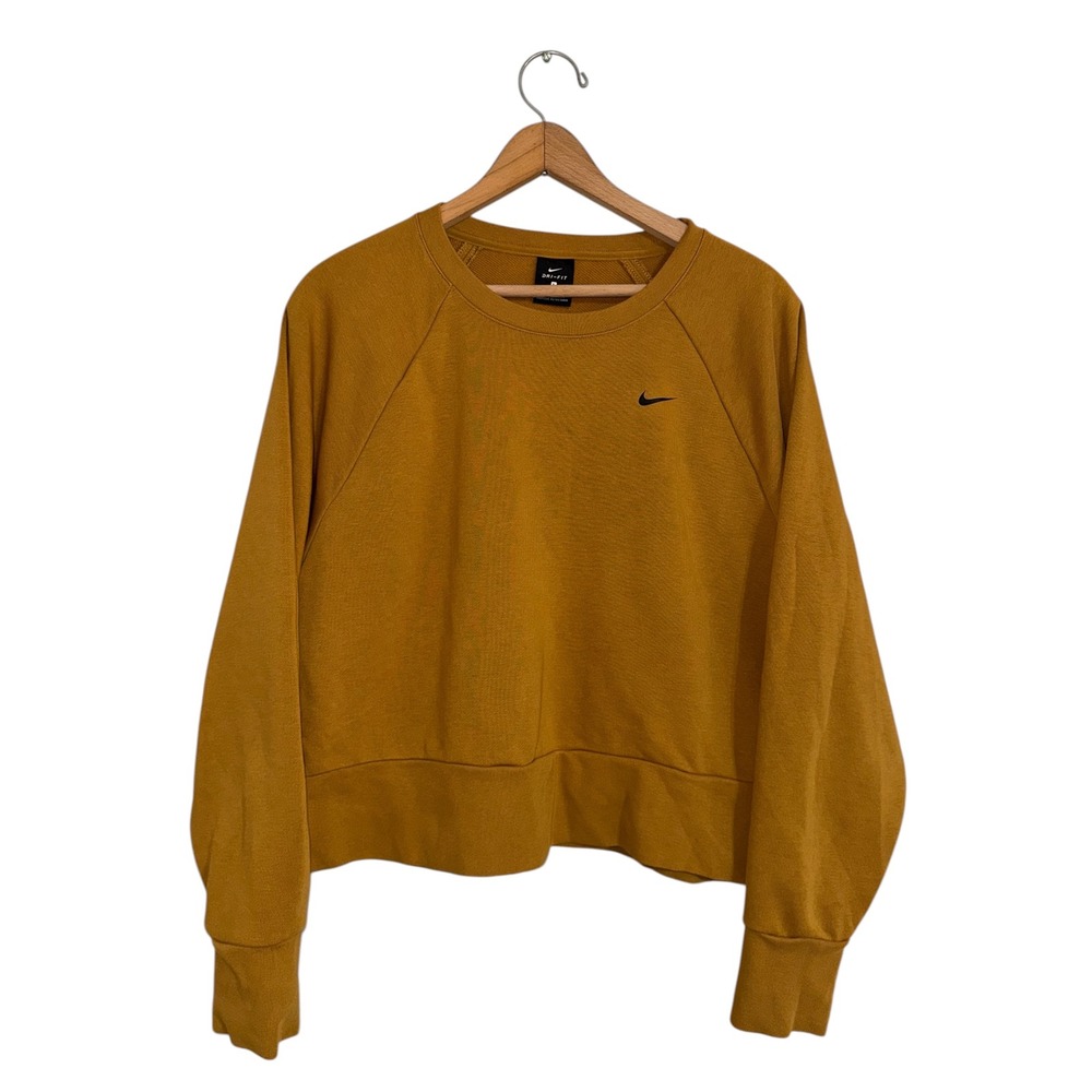 Nike Womens Dri-FIT Cropped Sweatshirt Mustard Yellow Back Cutout Logo Large